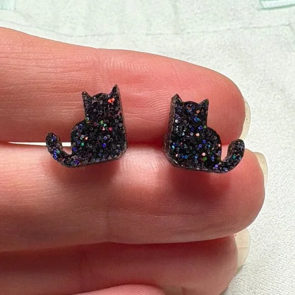 Cat Earrings Black and Glitter Acrylic Post Earrings Cute!! Black Cat - Picture 3 of 4